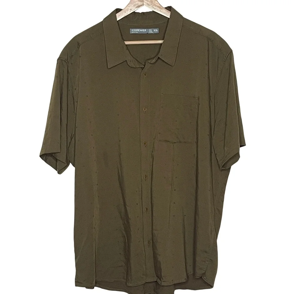 Icebreaker Merino Wool Blend Short Sleeve Button Down Shirt XXL Olive Green Mens